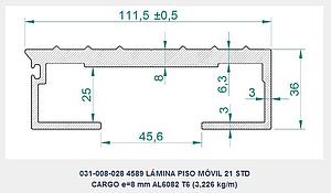 LÁMINA GRUPO 1 PISO MÓVIL ALITE-CARGO 21 + CUÑA AL + JUNQUILLO, d.e.e=112 mm, e=8 mm, L=13.215 mm, Pp=42,7 kg (PERFIL AL 031-008-028 L=13.175 mm)